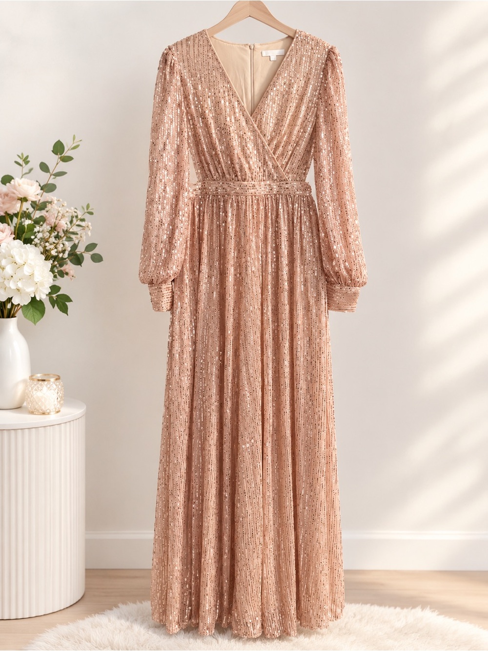 Faeriesty Rose Gold Sequin Wrap Maxi Dress
